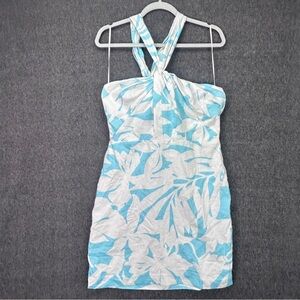Ann Taylor Dress Womens 8 Blue White Tropical Halter Sheath Linen Sundress